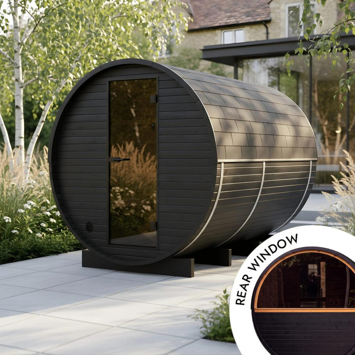 Wood Barrel Sauna with Window & Changing Room (2-4 Person) in Black