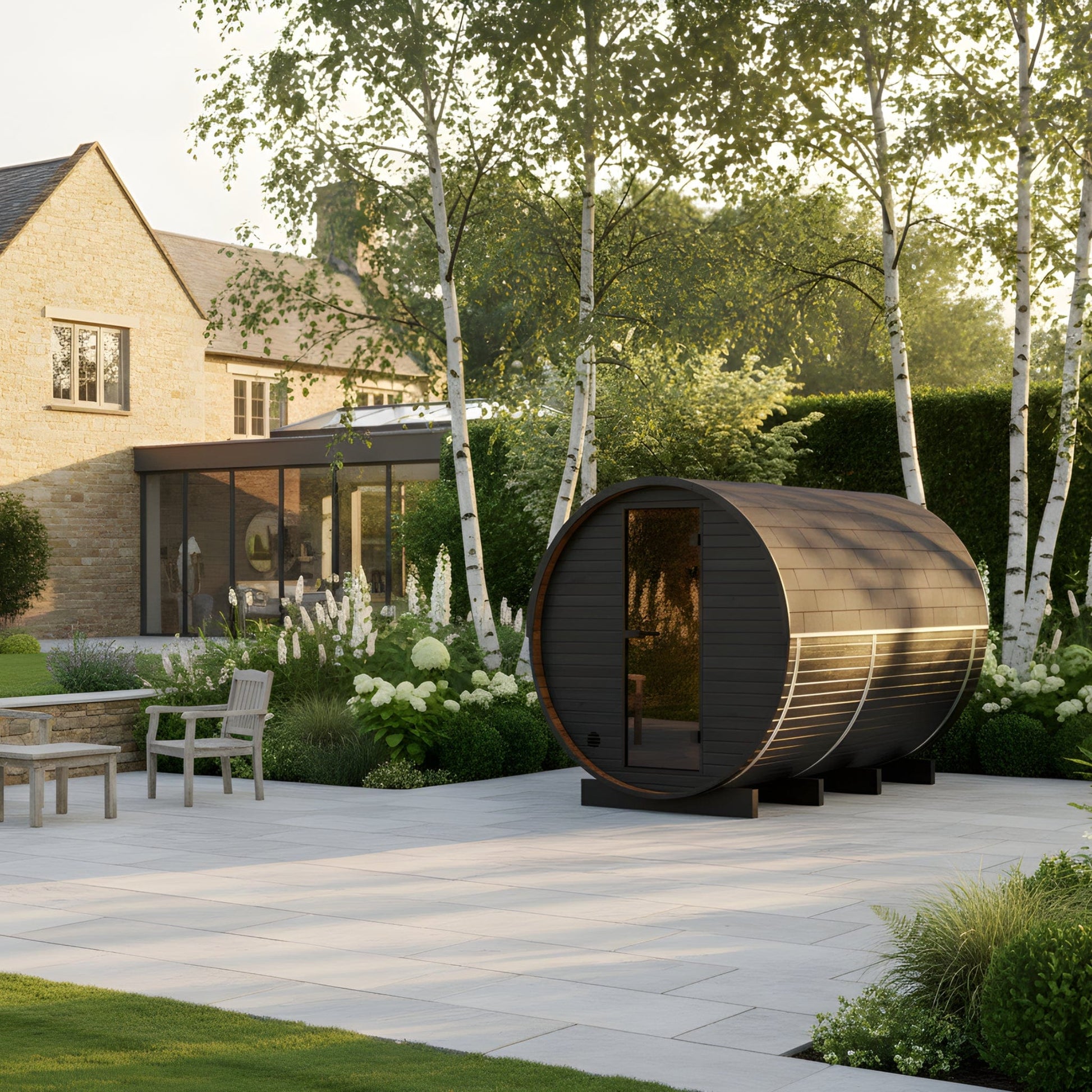 Wood Barrel Sauna with Window & Changing Room (2-4 Person) in Black