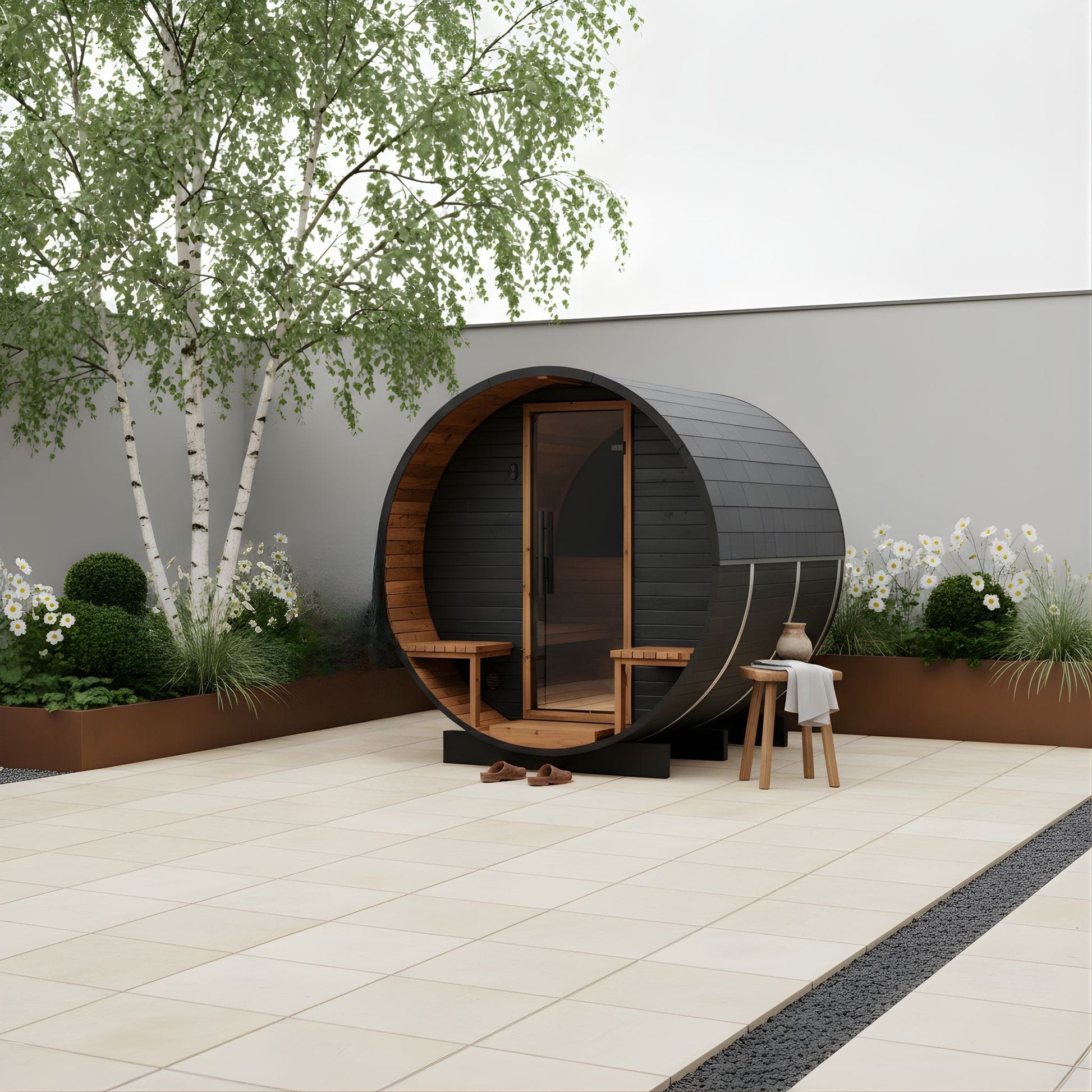 Wood Barrel Sauna with Relaxation Terrace (2-4 Person) in Black