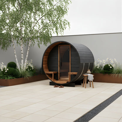 Wood Barrel Sauna with Relaxation Terrace (2-4 Person) in Black