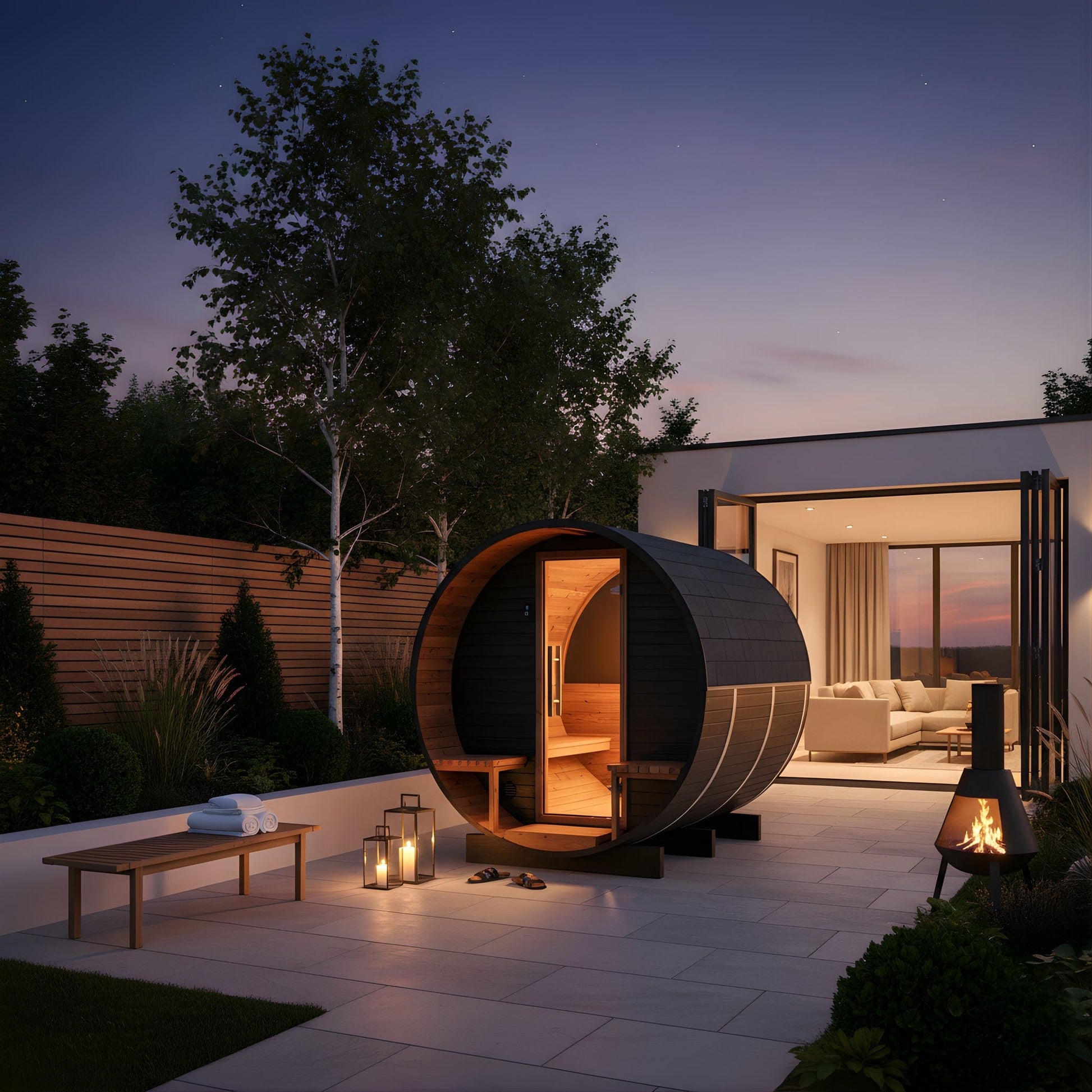 Wood Barrel Sauna with Relaxation Terrace (2-4 Person) in Black