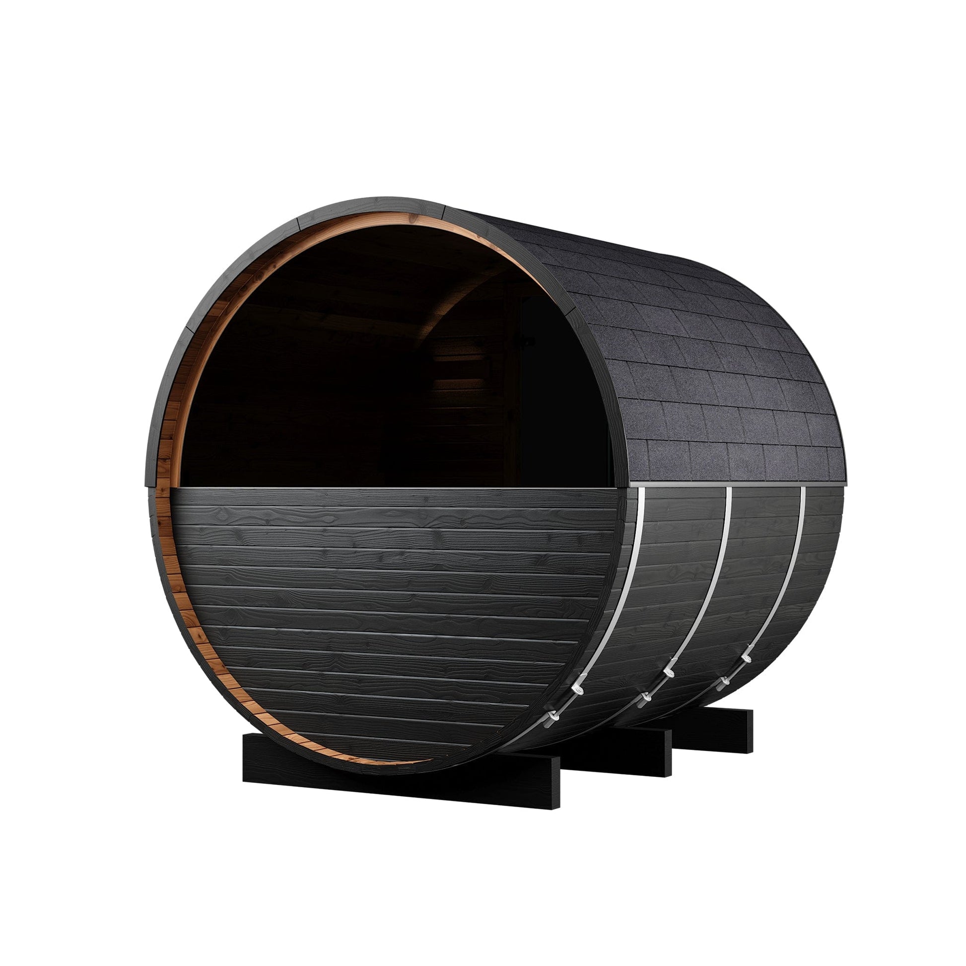 Wood Barrel Sauna with Window & Relaxation Terrace (2-4 Person) in Black
