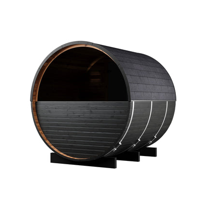 Wood Barrel Sauna with Window & Relaxation Terrace (2-4 Person) in Black