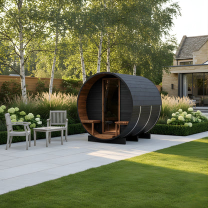 Wood Barrel Sauna with Relaxation Terrace (2-4 Person) in Black