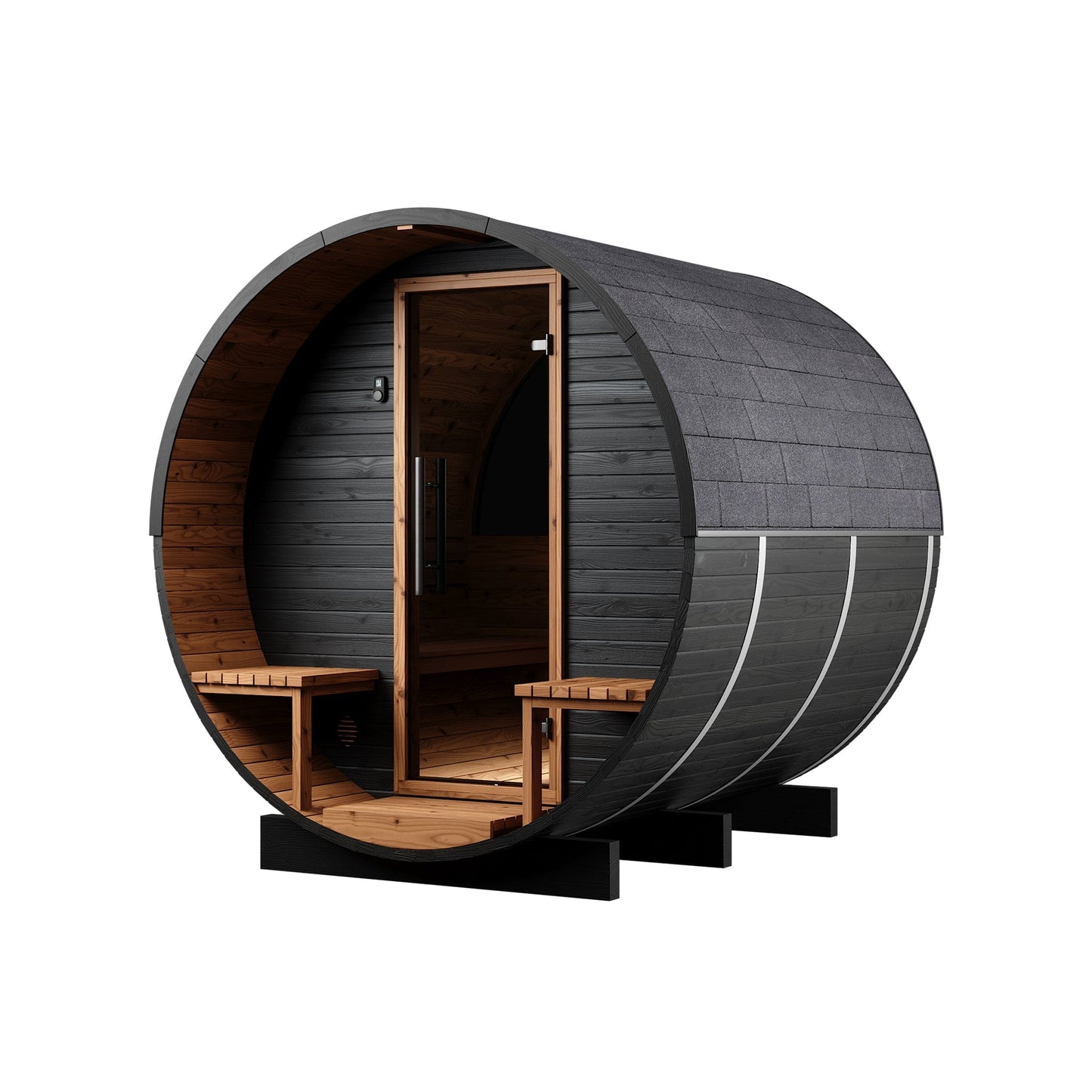 Wood Barrel Sauna with Relaxation Terrace (2-4 Person) in Black