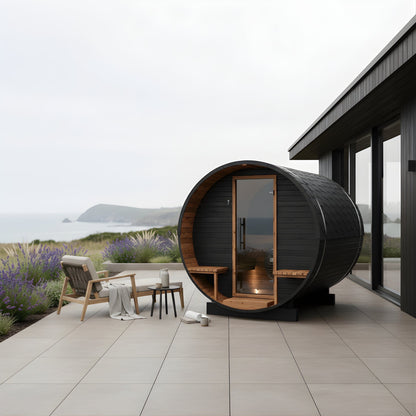 Wood Barrel Sauna with Relaxation Terrace (2-4 Person) in Black