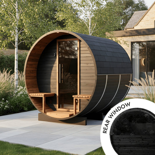 Wood Barrel Sauna with Window & Relaxation Terrace (2-4 Person) in Black
