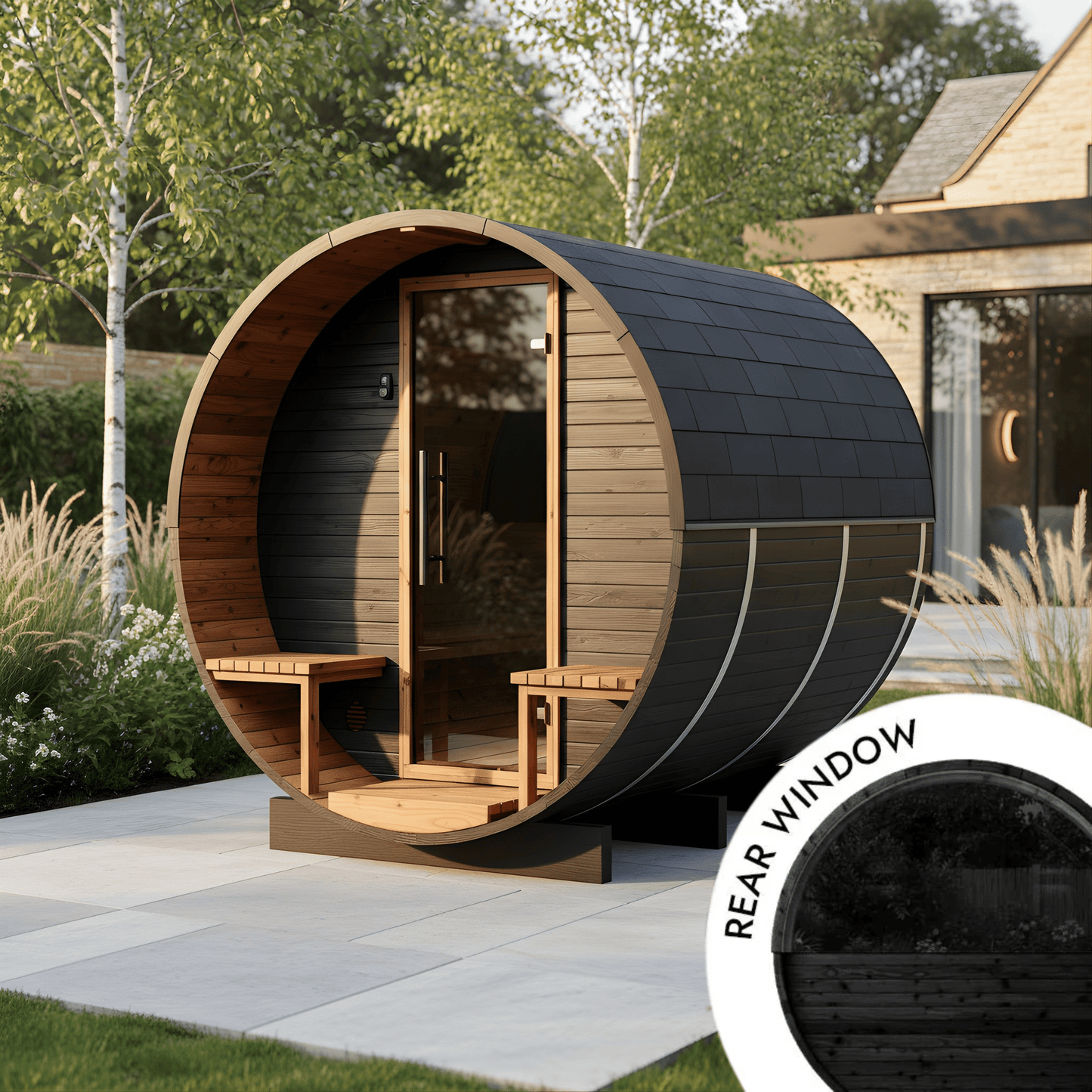 Wood Barrel Sauna with Window & Relaxation Terrace (2-4 Person) in Black