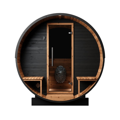Wood Barrel Sauna with Window & Relaxation Terrace (2-4 Person) in Black