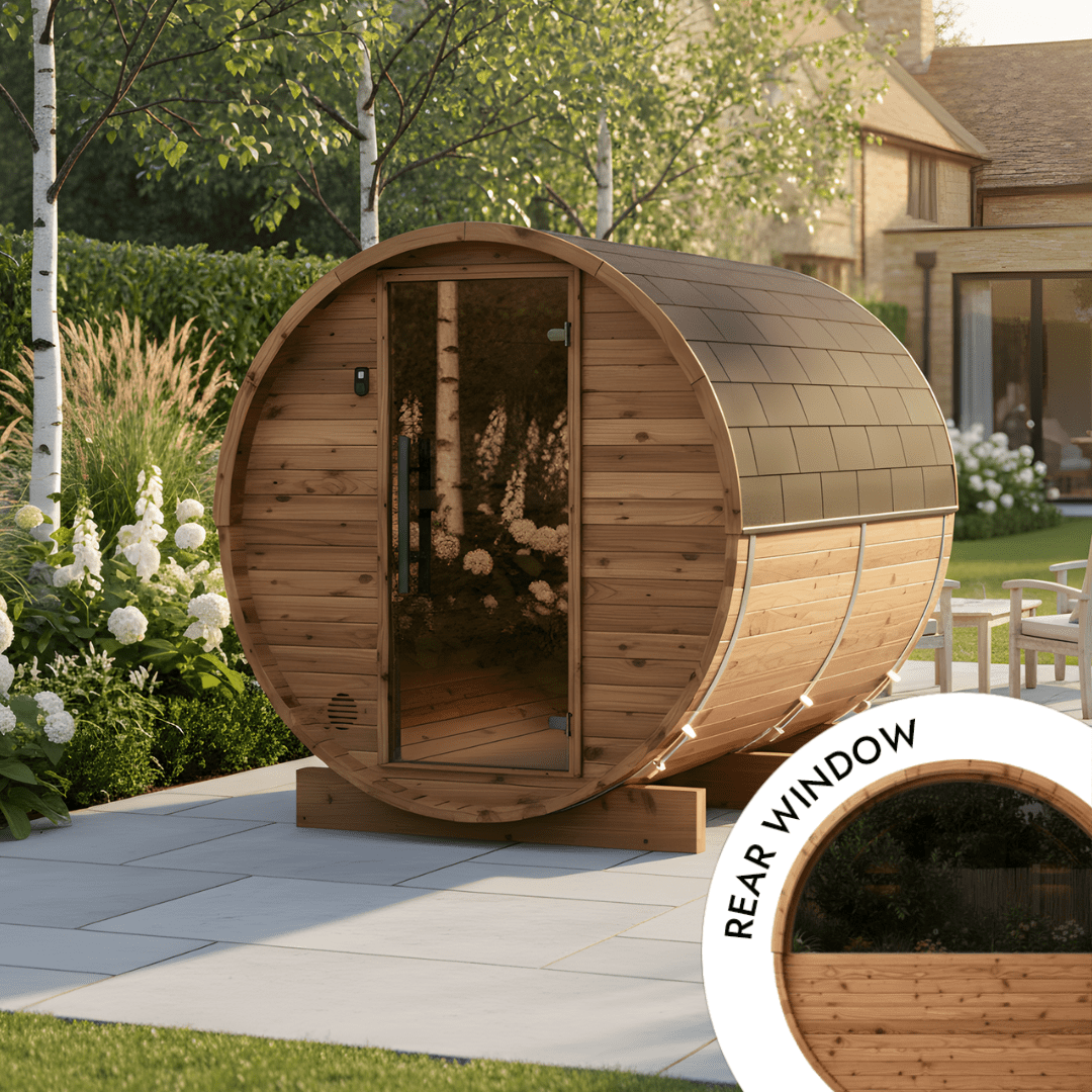 Thermo Wood Barrel Sauna with Window - Small (2 - 4 Person) Barrel Sauna | Finnmark Sauna