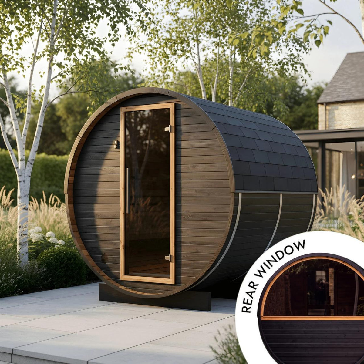 Small Wood Barrel Sauna with Window (2-4 Person) in Black