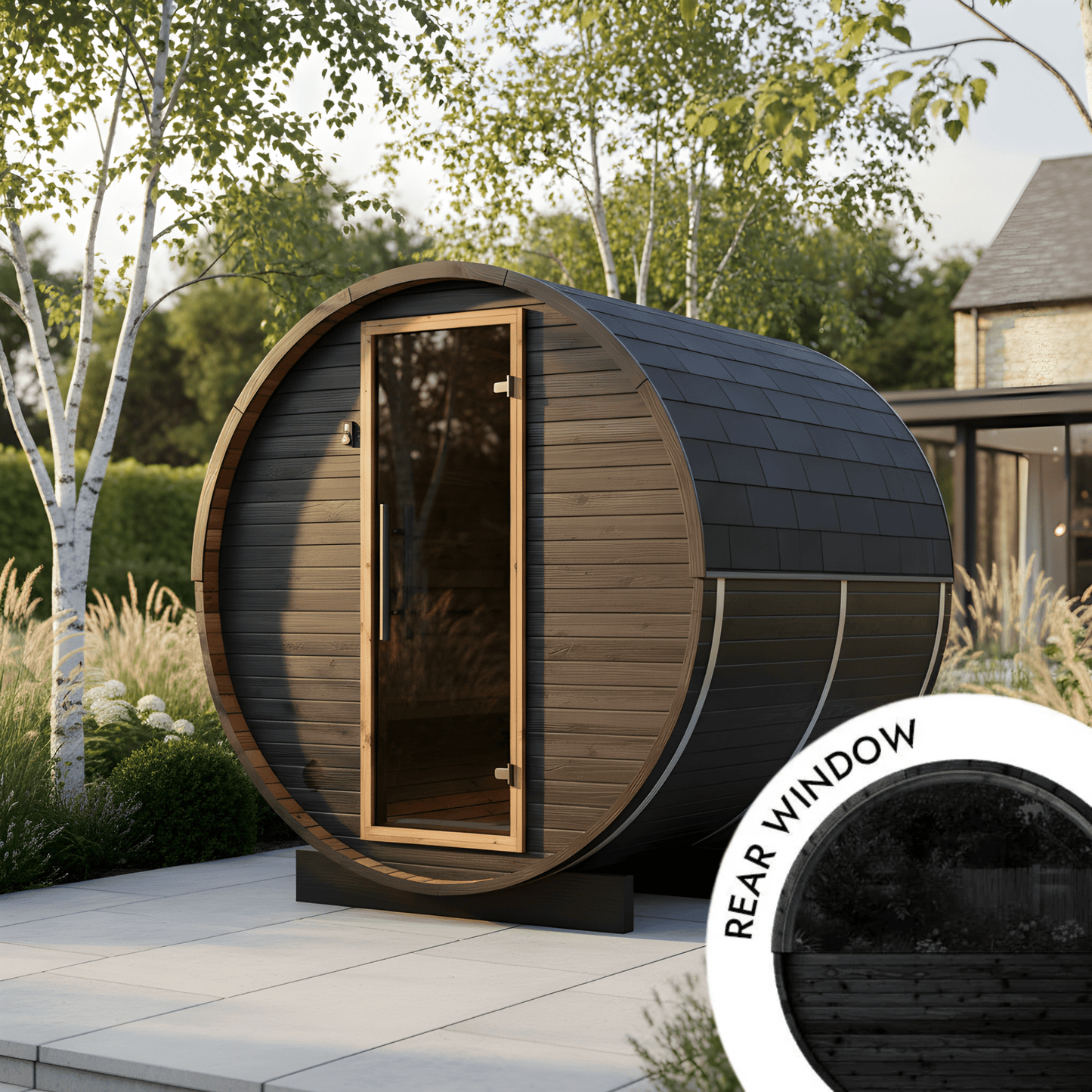 Small Wood Barrel Sauna with Window (2-4 Person) in Black