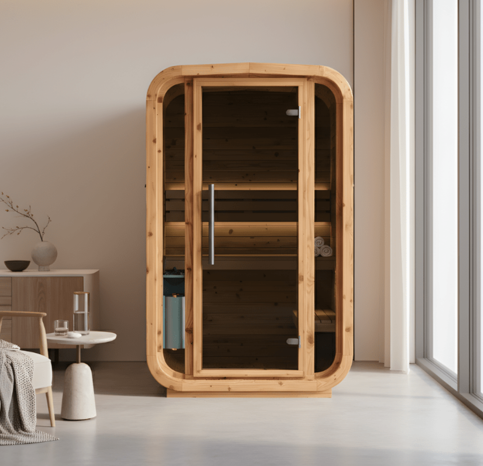 Thermo Wood Cube Indoor Sauna - Mini (2 Person) Barrel Sauna | Finnmark Sauna