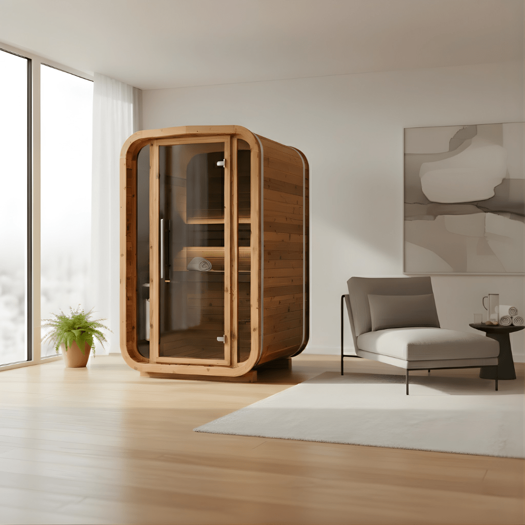 Thermo Wood Cube Indoor Sauna - Mini (2 Person) Barrel Sauna | Finnmark Sauna