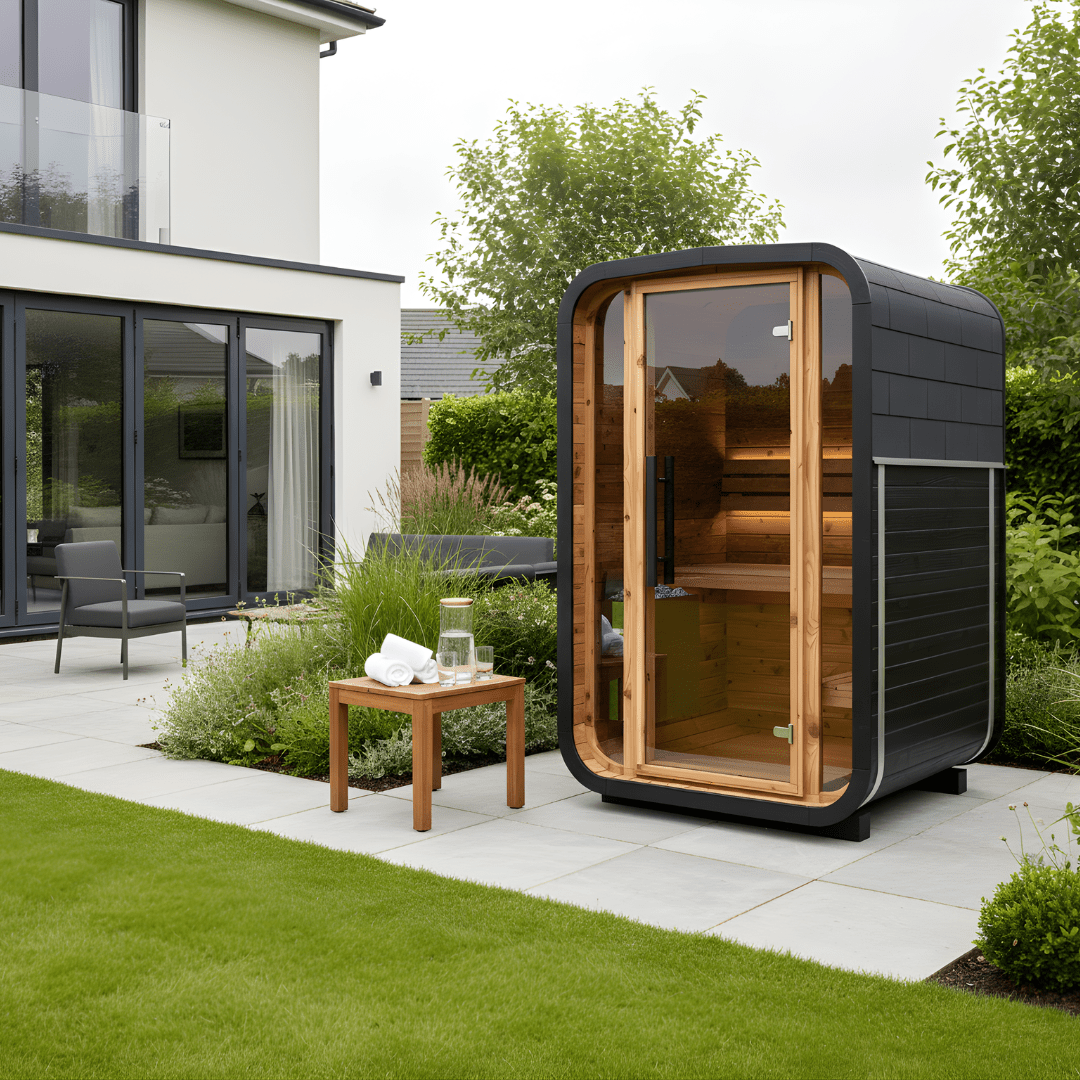 Thermo Wood Cube Outdoor Sauna Black - Mini (2 Person) Barrel Sauna | Finnmark Sauna