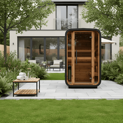 Thermo Wood Cube Outdoor Sauna Black - Mini (2 Person) Barrel Sauna | Finnmark Sauna