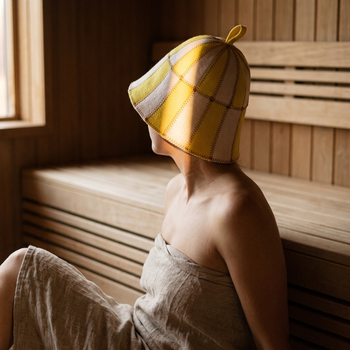 Sauna Hat Yellow/White (Polyester Felt) - worn