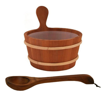 Heat treated wooden sauna bucket, with plastic insert. & wooden ladle