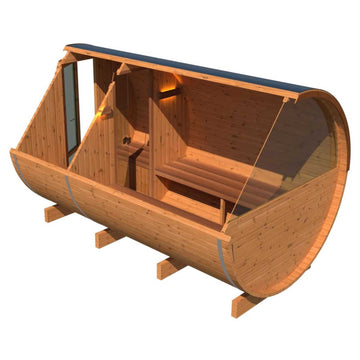 Thermo Wood Barrel Sauna - Regular with Changing Room (L: 300 & ø: 225 cm)