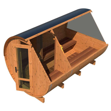 Thermo Wood Barrel Sauna - Regular with Changing Room (L: 300 & ø: 225 cm)
