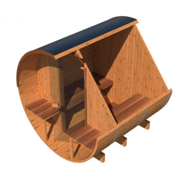 Thermo Wood Barrel Sauna - Regular with Relaxation Terrace (L: 223 & ø: 225 cm)