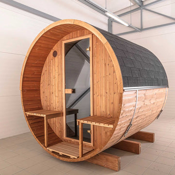 Thermo Wood Barrel Sauna - Regular with Relaxation Terrace (L: 223 & ø: 225 cm)