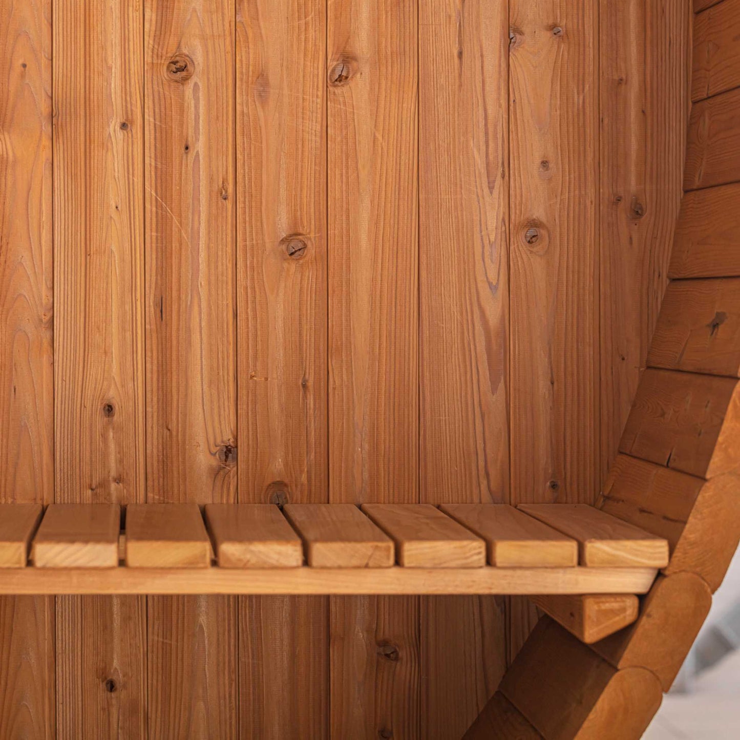 Thermo Wood Barrel Sauna - Small with Relaxation Terrace (L: 223 & ø: 194 cm) Barrel Sauna | Finnmark Sauna