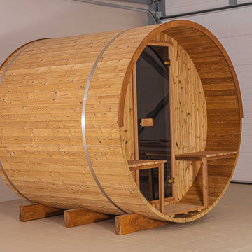 Thermo Wood Barrel Sauna - Small with Relaxation Terrace (L: 223 & ø: 194 cm)