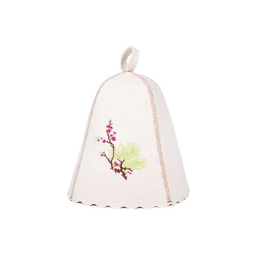 White Felt Sauna Hat with Blossoming Sakura Embroidery