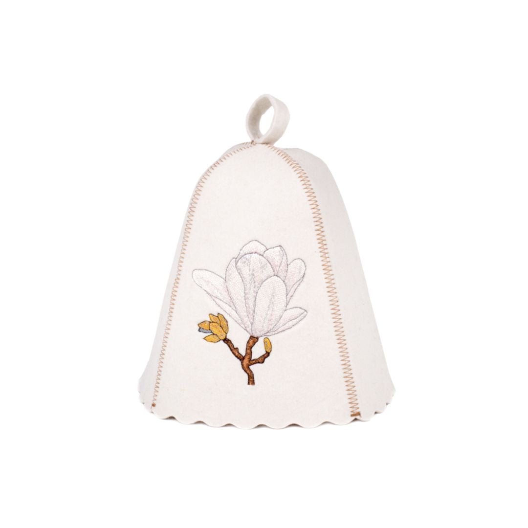 White Felt Sauna Hat with Magnolia Embroidery Sauna Hat | Finnmark Sauna