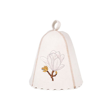 White Felt Sauna Hat with Magnolia Embroidery